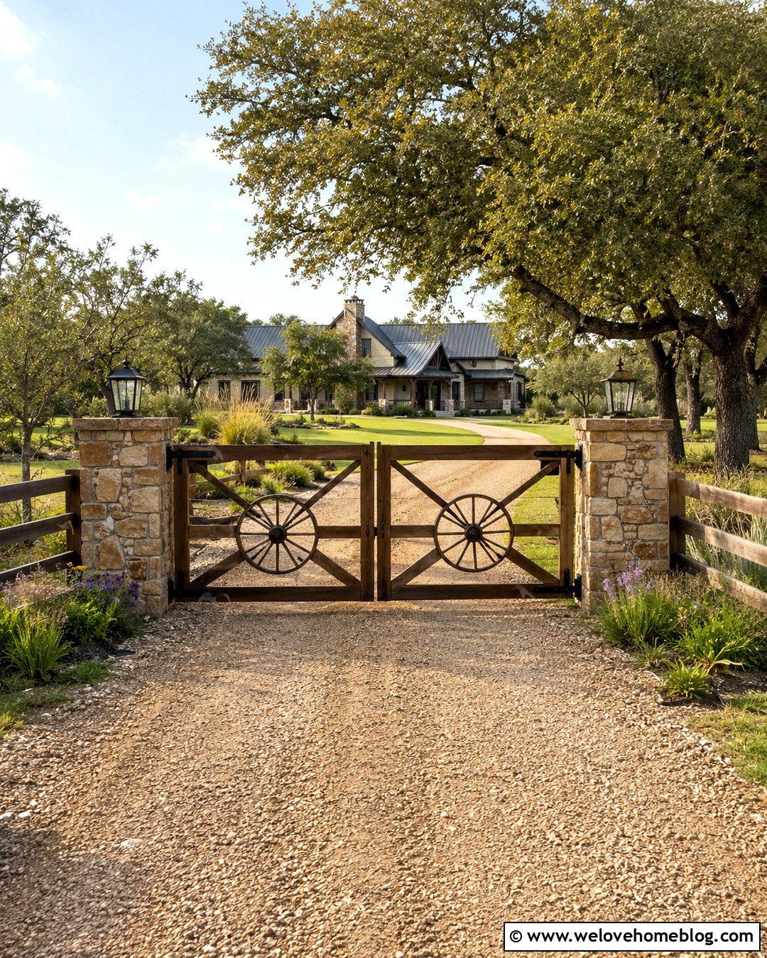 Rustic Driveway Gate With Wagon Wheel Details - 20 rustic driveway gate ideas