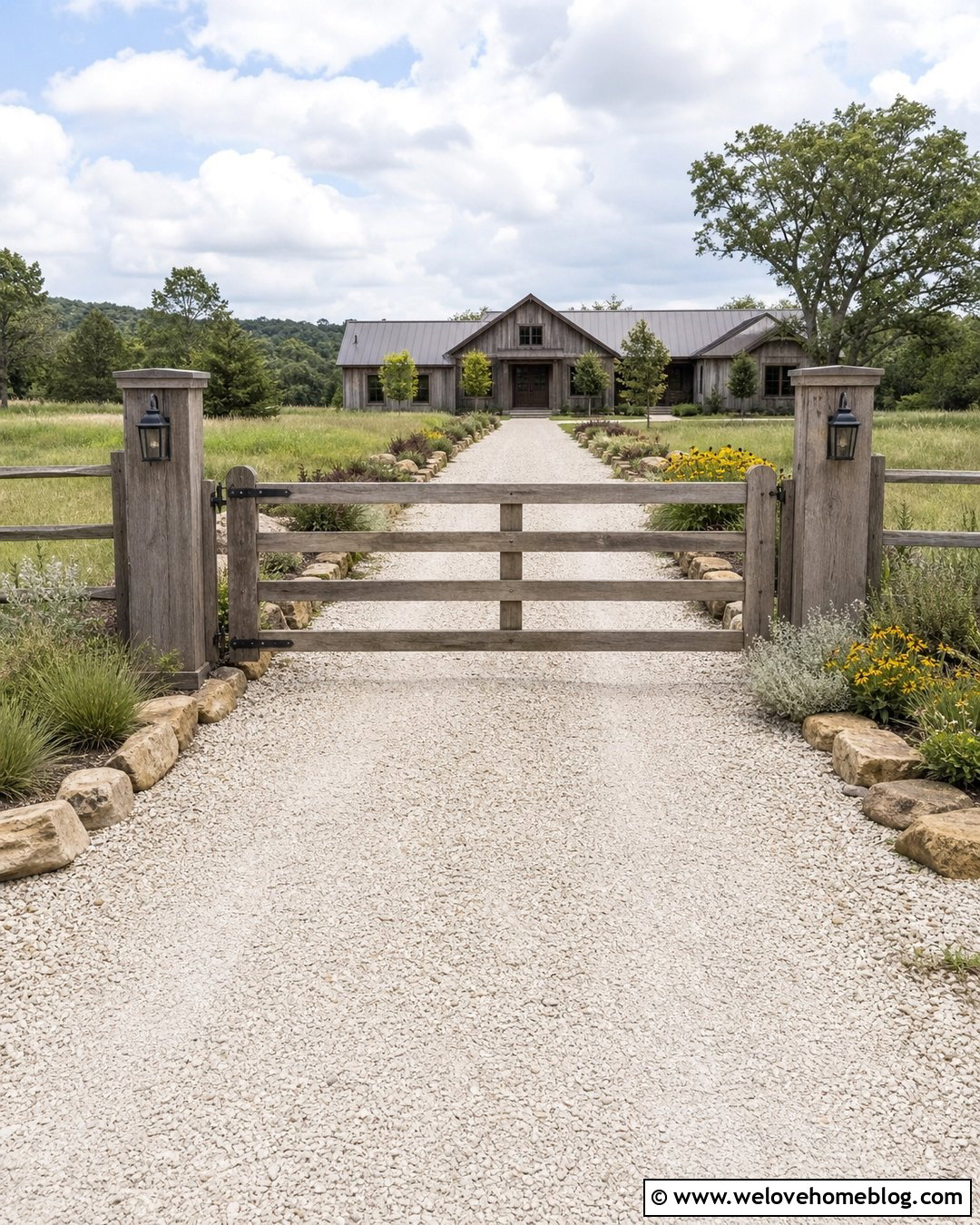Rustic Driveway Posts With Farm Gate - 20 end of driveway post ideas