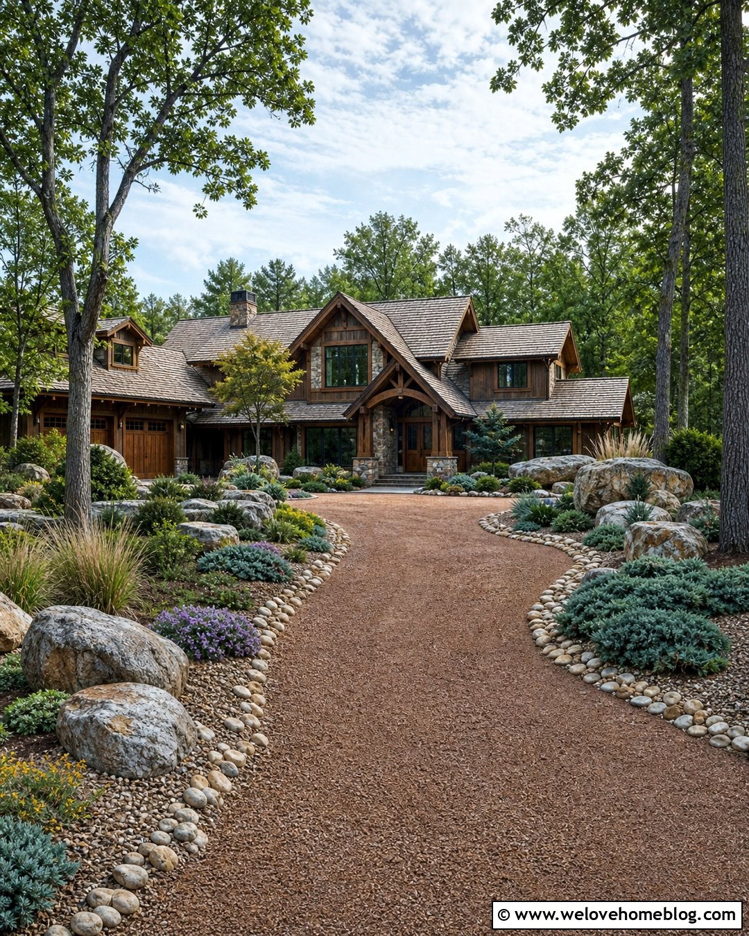 Rustic Driveway With Boulder Borders - 20 natural driveway landscaping ideas