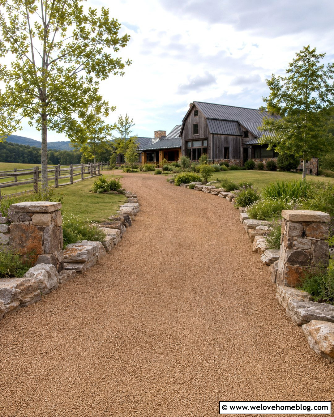 Rustic Driveway With Large Stone Edging - 20 Driveway Stone Edging Ideas