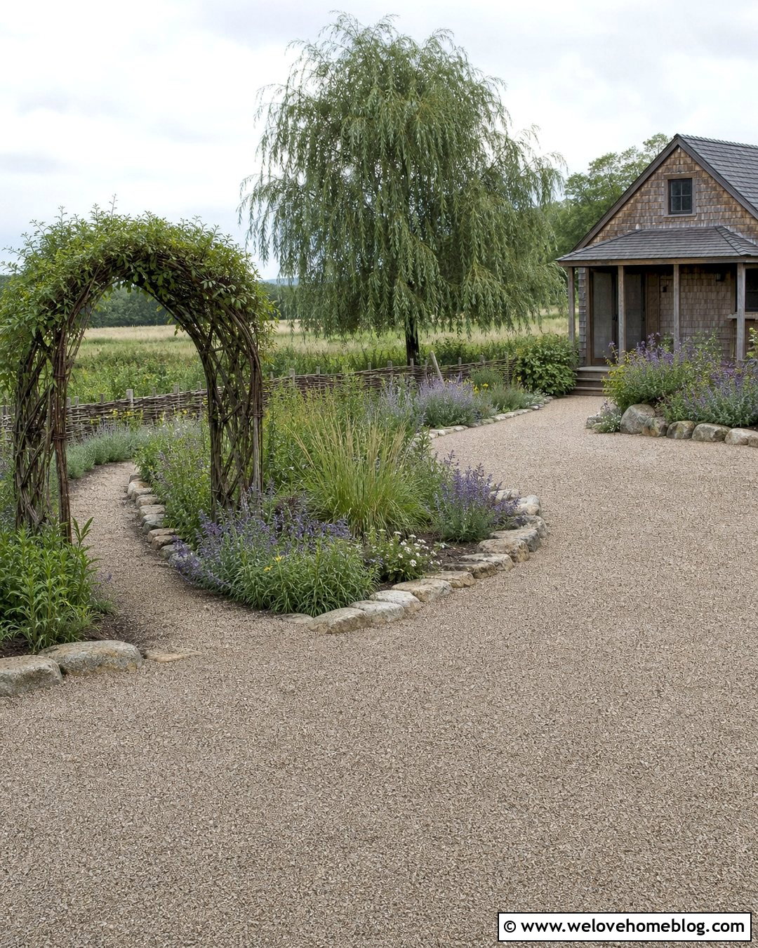 Rustic Driveway With Willow Branch Arbor - 25 Willow Tree Driveway Ideas