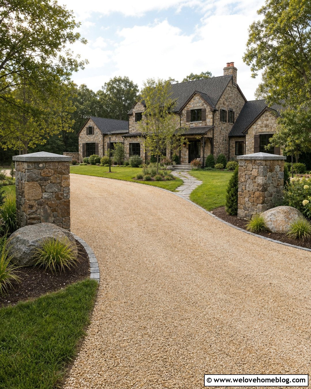Rustic Gravel Driveway Entrance With Stone Pillars - 40 Rustic Driveway Entrance Ideas