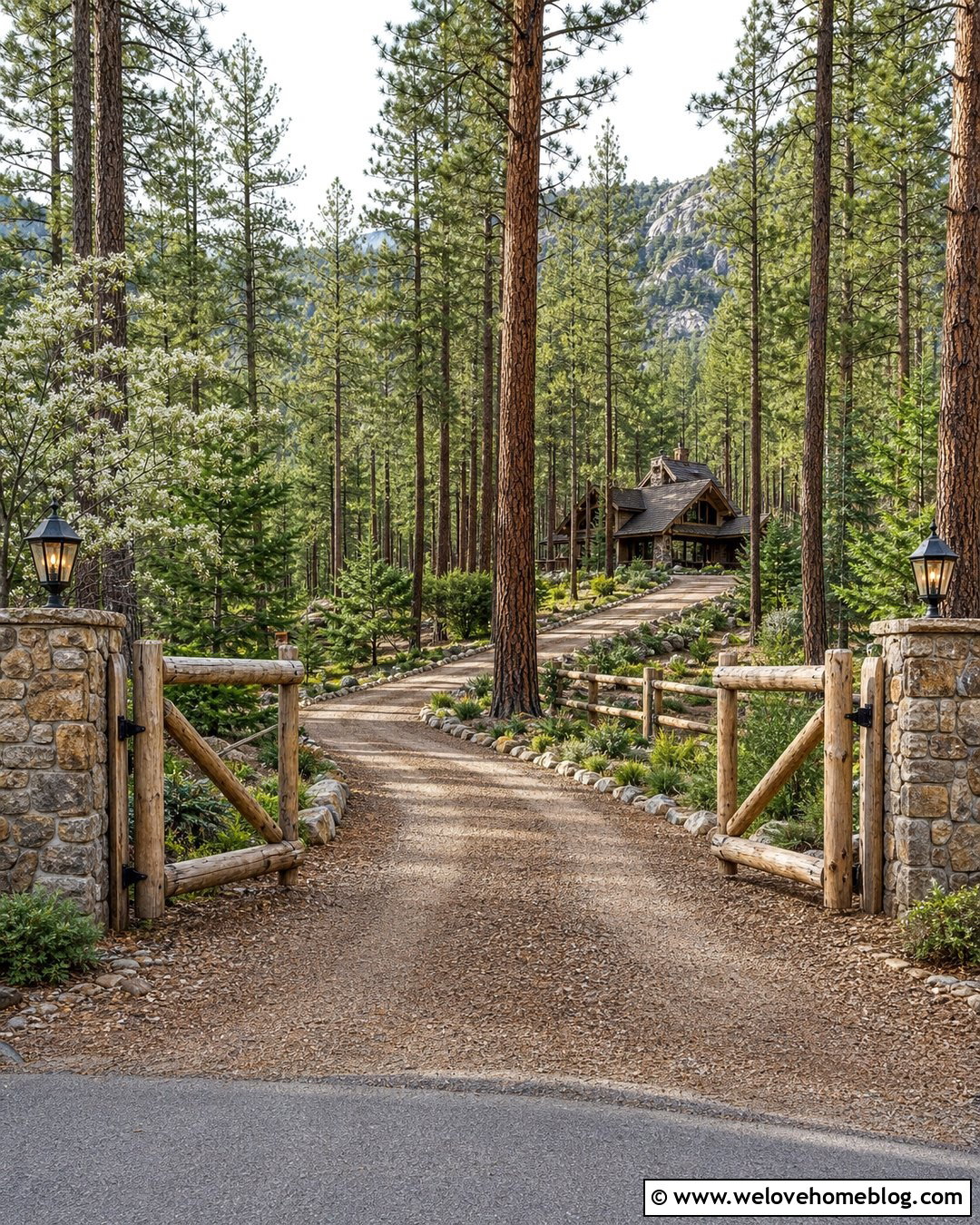 Rustic Log Driveway Gate With Gravel Road - 35 Front Gate Entrance Driveway Ideas