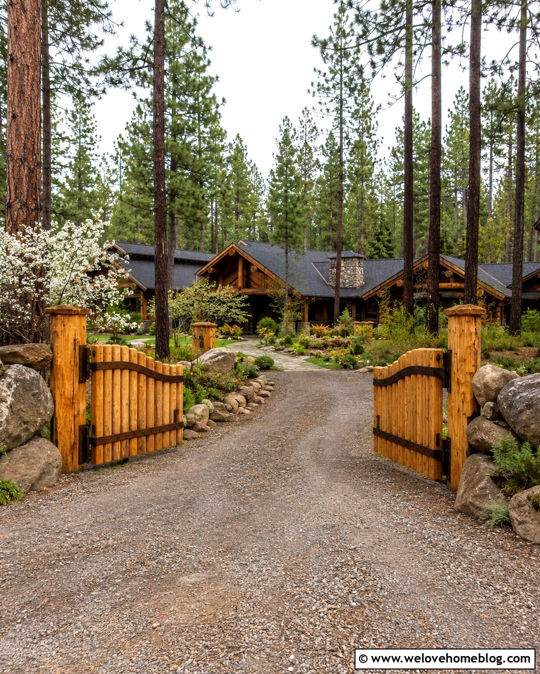Rustic Log Ranch Gate With Boulder Landscaping - 20 ranch style gates driveway entrance ideas