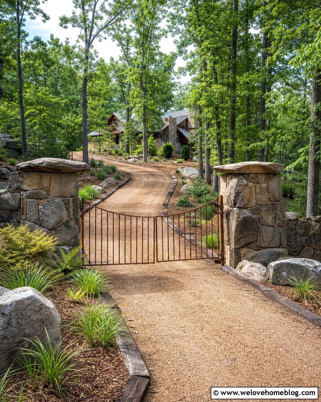 Rustic Metal Gate With Boulder Stone Pillars - 20 Entrance Gates Driveway Stone Pillars Ideas