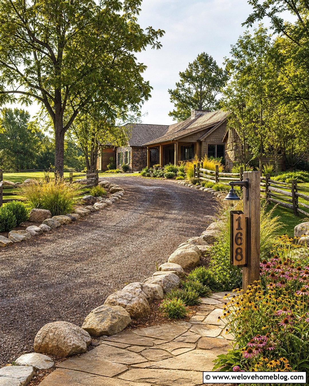 Rustic Stone Driveway With Split Rail Fence - 45 Driveway Design Ideas