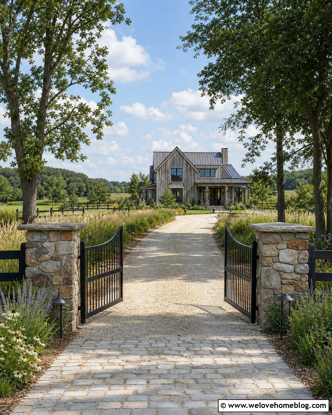 Rustic Stone Pillars With A Farm Gate - 40 Stone Pillars Driveway Entrance Ideas