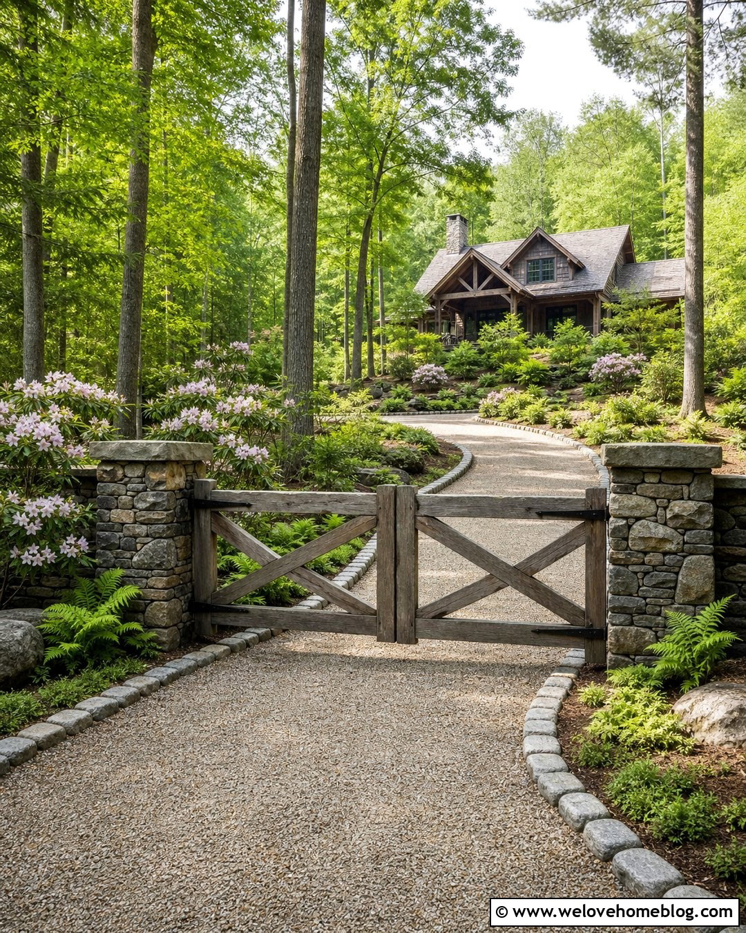 Rustic Timber Driveway Gate With Dry Stack Pillars - 20 Driveway Gate With Stone Pillars Ideas