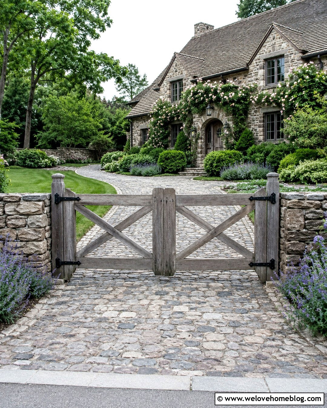 Rustic Timber Gate With Cobblestone Driveway - 20 Timber Gates Driveway Ideas