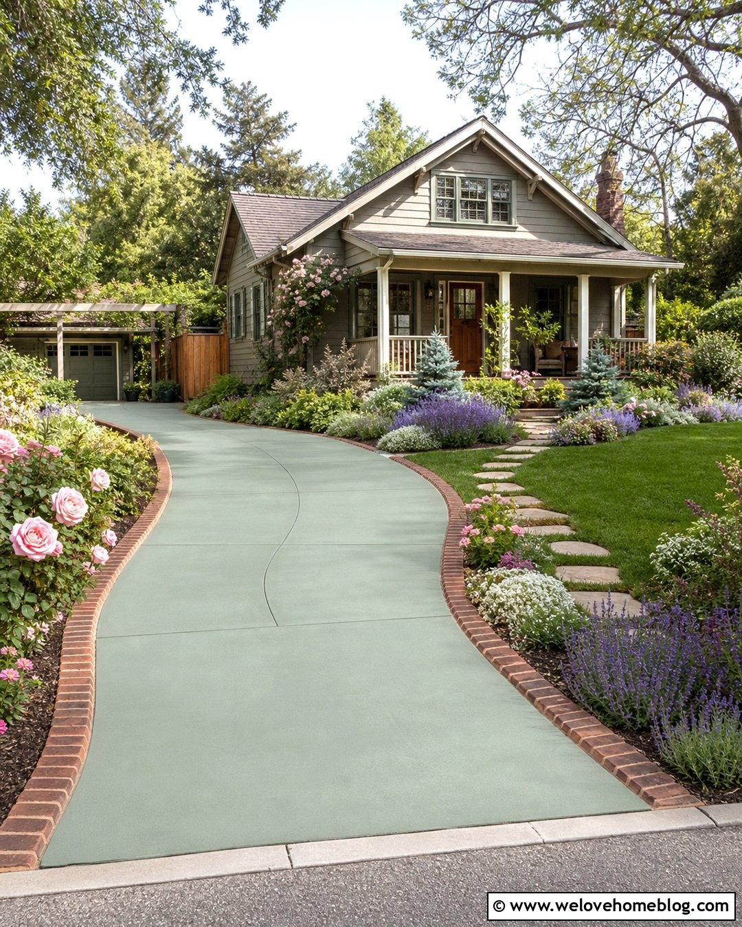 Sage Green Painted Concrete Driveway With Cottage Landscaping - 25 painted driveways concrete ideas