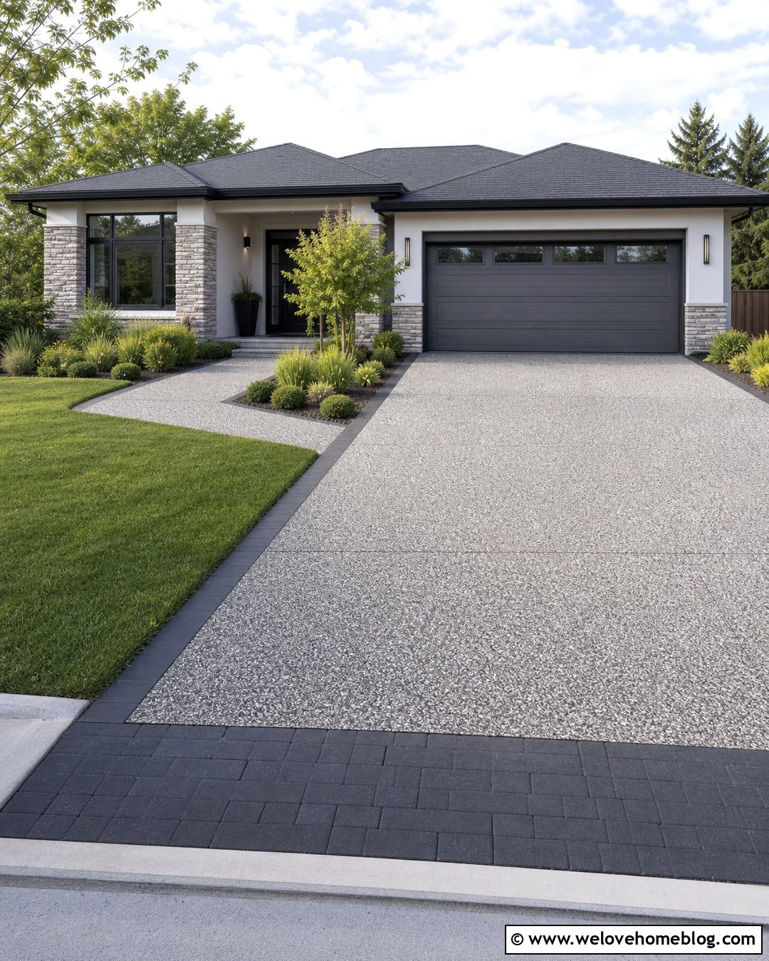 Salt And Pepper Pebblecrete Driveway With Matching Walkway - 25 Pebblecrete Driveway Ideas