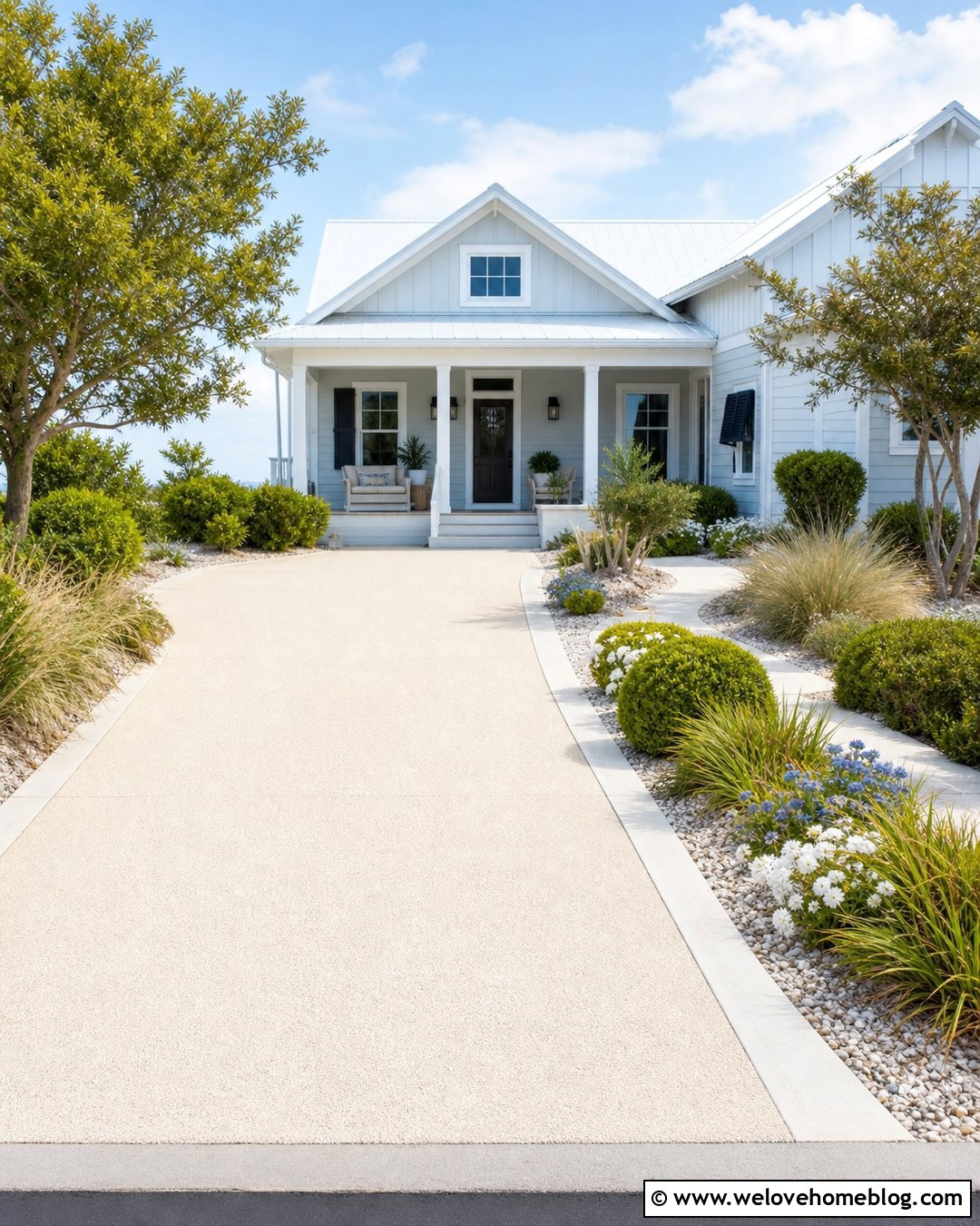 Salt Finish Concrete Driveway With Coastal Landscaping - 20 concrete driveway in front of house ideas