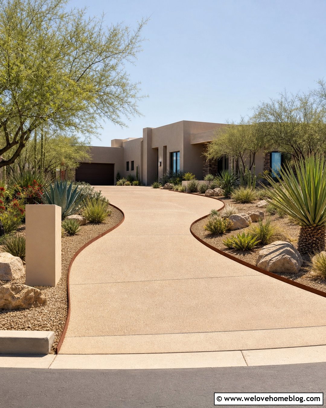 Salt Finish Concrete Driveway With Desert Landscaping - 20 Gravel Vs Concrete Driveway Ideas