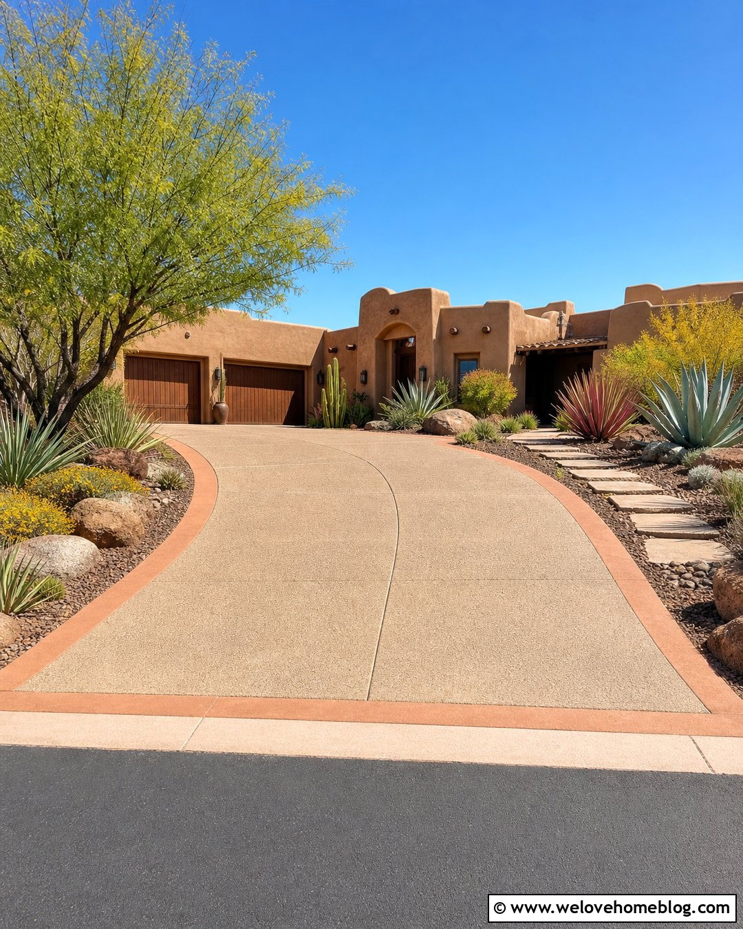 Salt Finish Concrete Driveway With Desert Landscaping - 20 Driveway Cement Designs Ideas