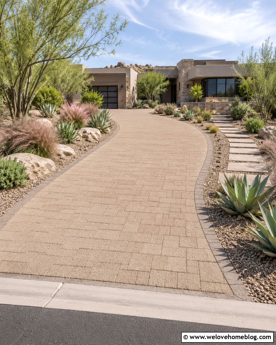Sand Colored Permeable Paver Driveway - 20 Neutral Color Driveway Design Ideas