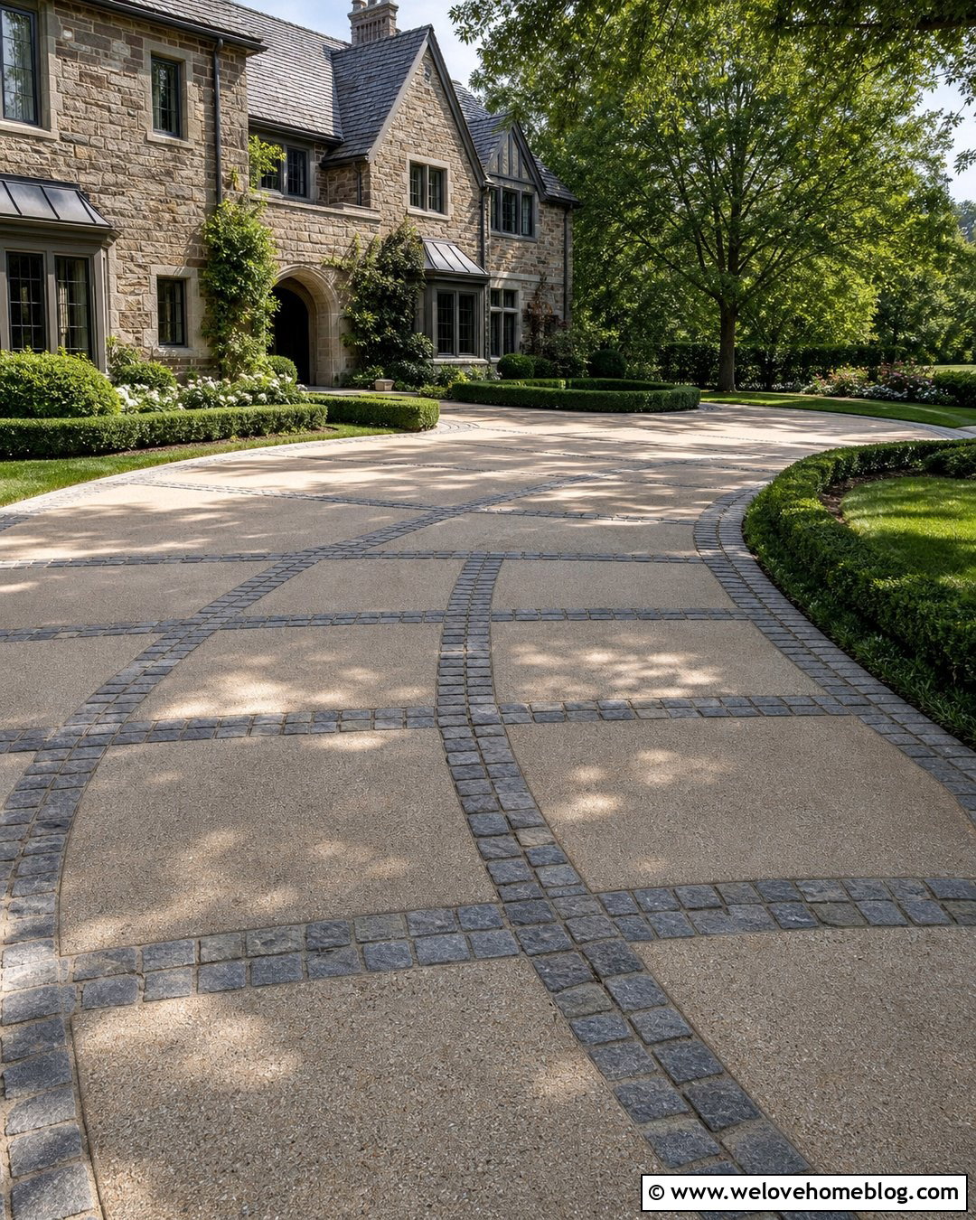Sand Finish Concrete Driveway With Cobblestone Grid - 20 Large Concrete Driveway Ideas