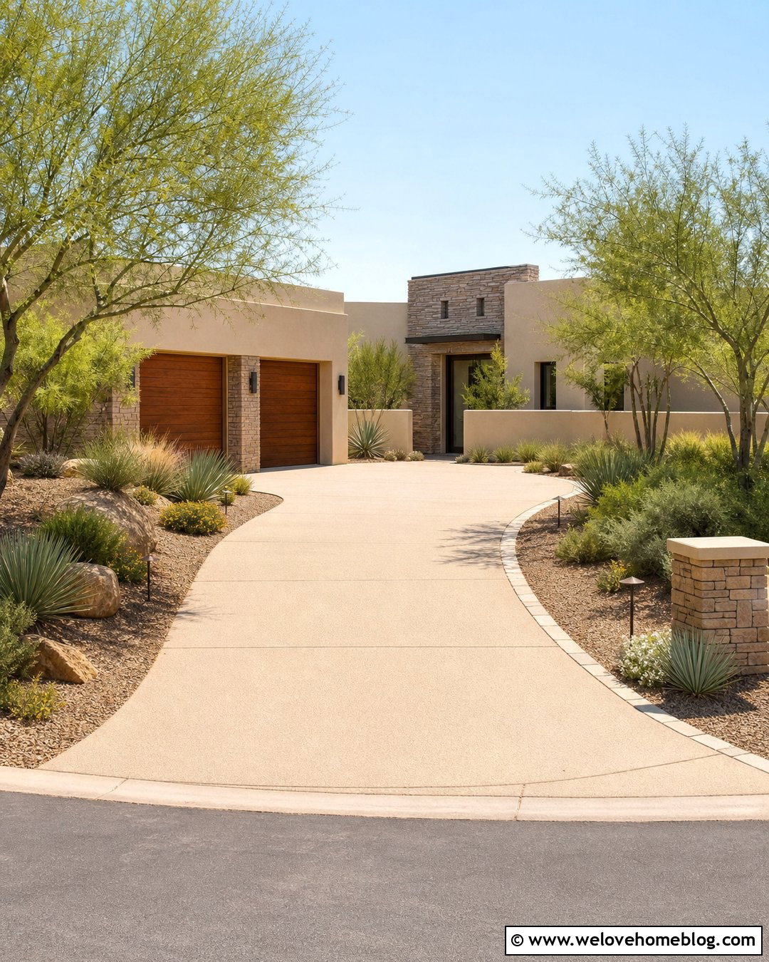 Sand Finish Concrete Driveway With Drought Tolerant Landscaping - 20 Sand Finish Concrete Driveway Ideas