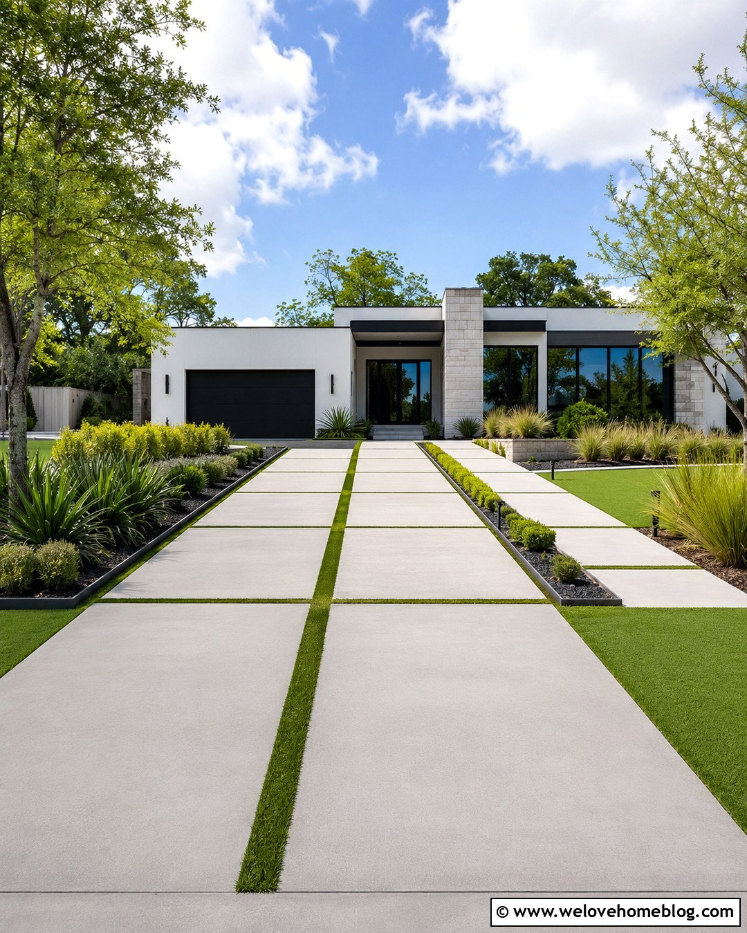 Sandblasted Concrete Driveway With Grass Joints - 20 modern driveway with textured surface ideas
