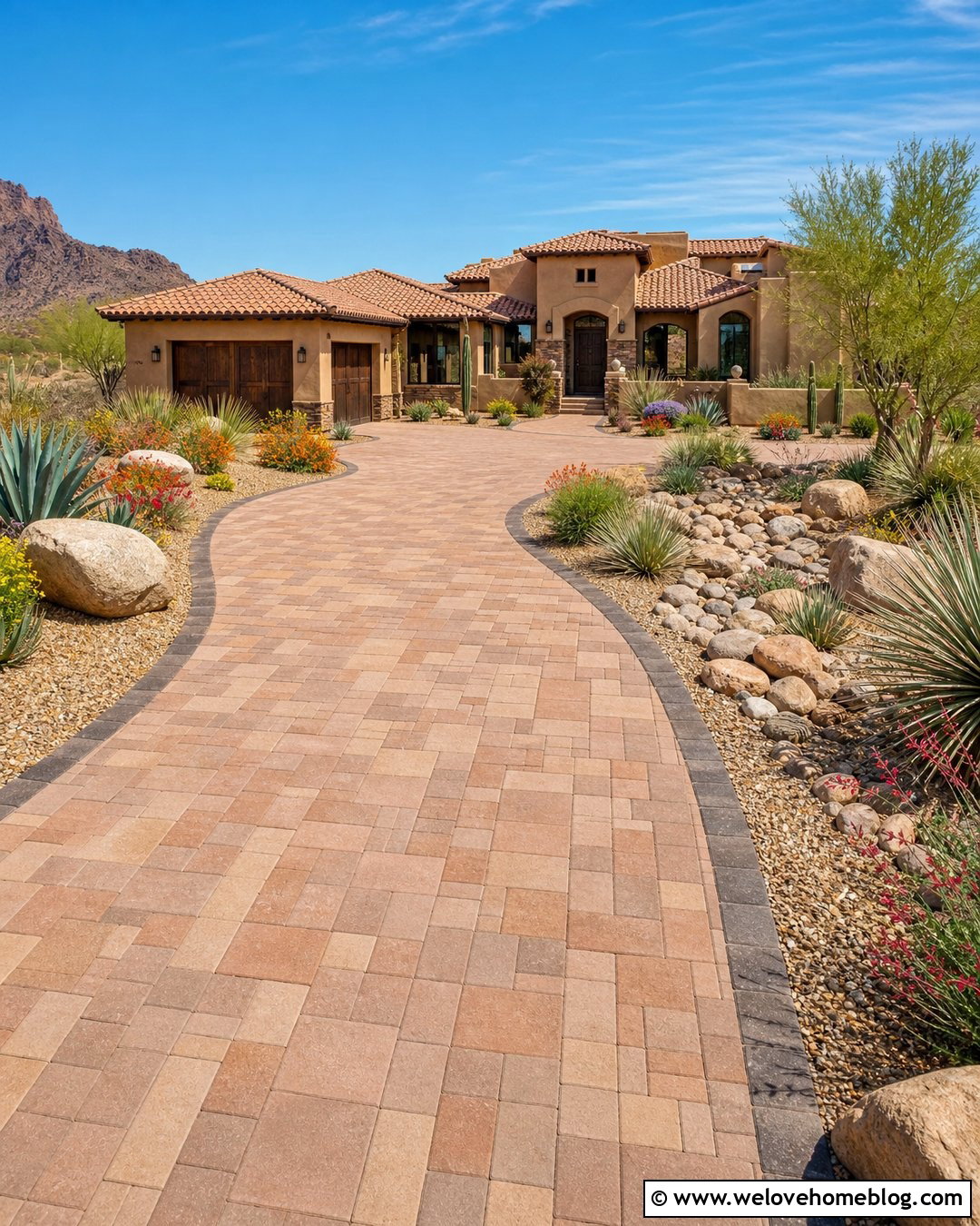 Sandstone Driveway With Desert Landscaping - 30 front yard driveway ideas