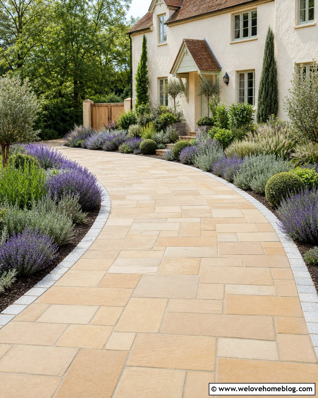 Sandstone Flagged Driveway With Lavender Borders - 20 Flagged Driveway Ideas