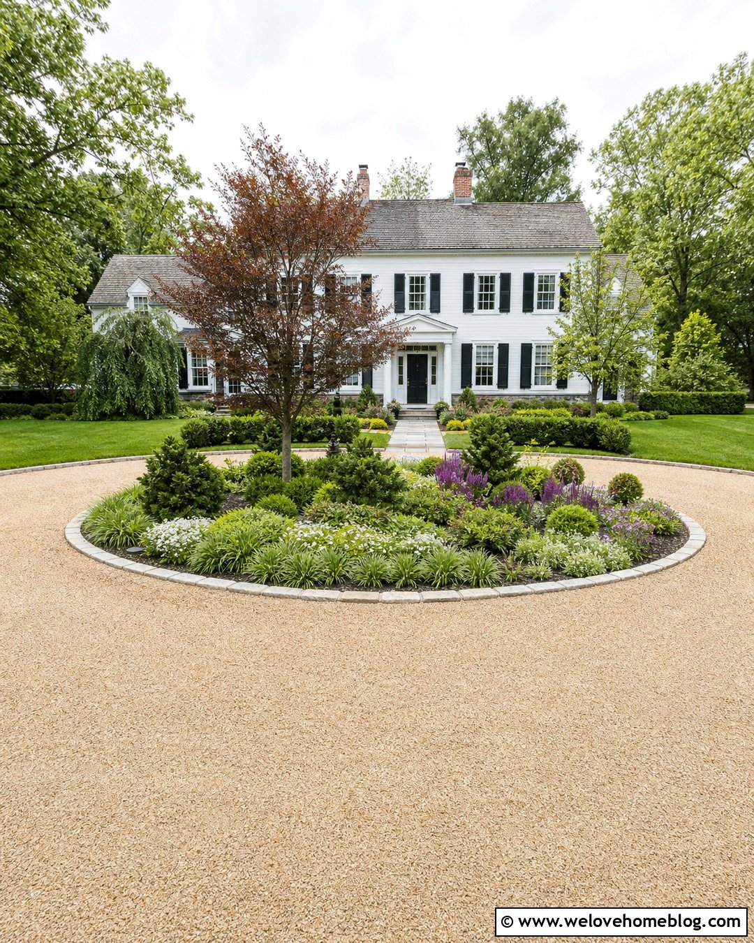 Sandstone Gravel Circular Driveway With Center Garden - 20 sandstone gravel driveway ideas