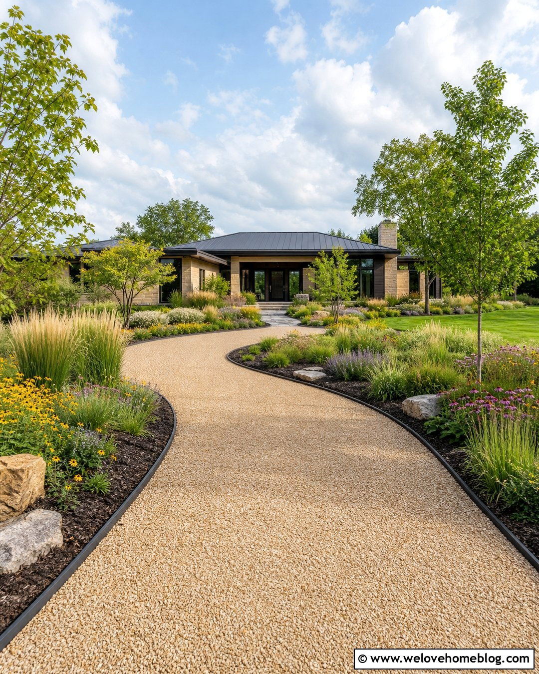 Sandstone Gravel Driveway With Native Plant Borders