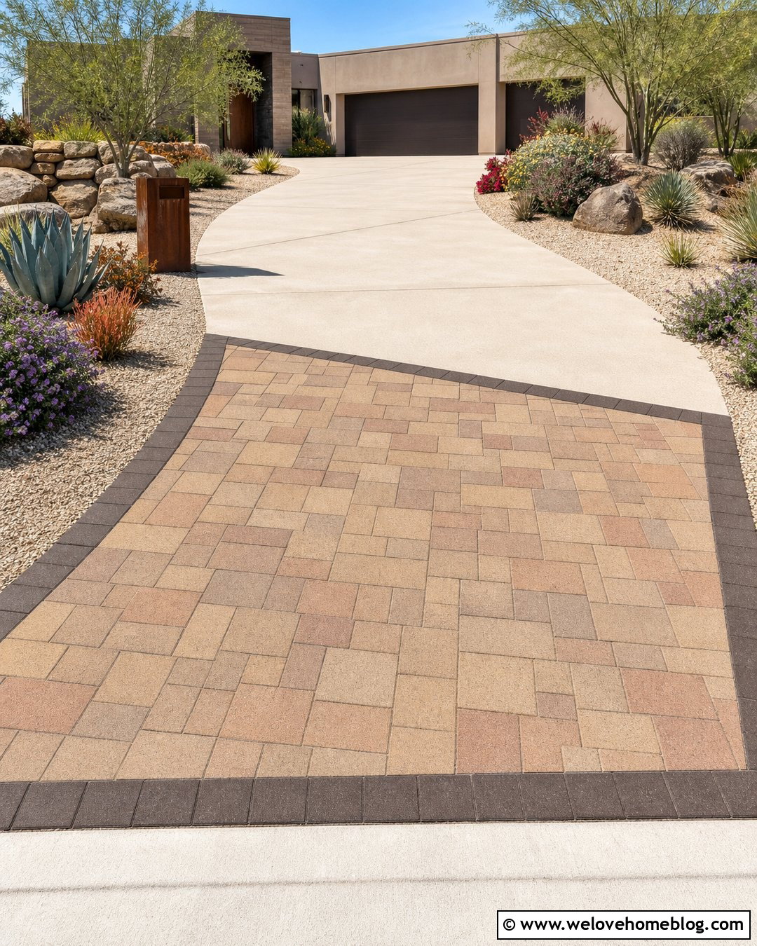 Sandstone Paver Apron With Desert Landscaping - 20 Paver Apron Driveway Ideas