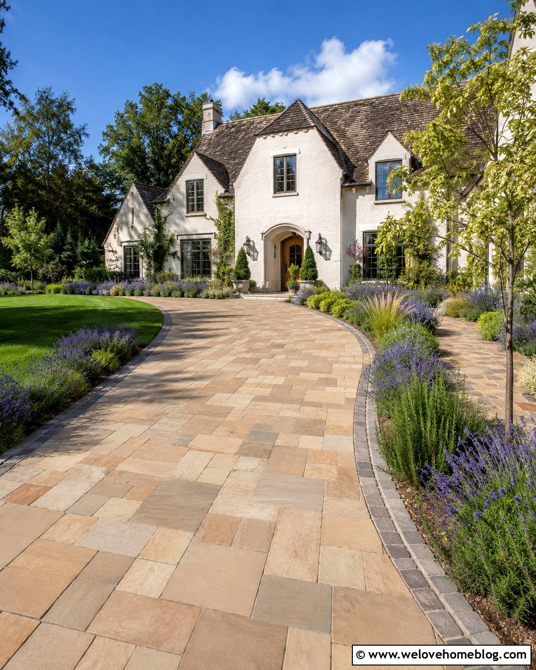 Sandstone Paver Driveway With Lavender Borders - 20 stone paver driveway ideas