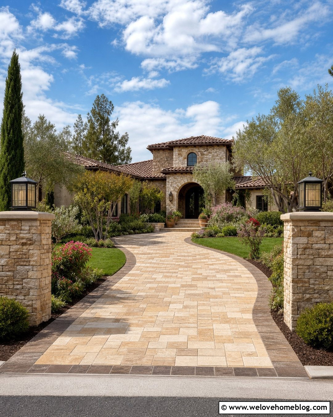 Sandstone Paver Driveway With Stone Pillars - 20 Driveway Paving Ideas