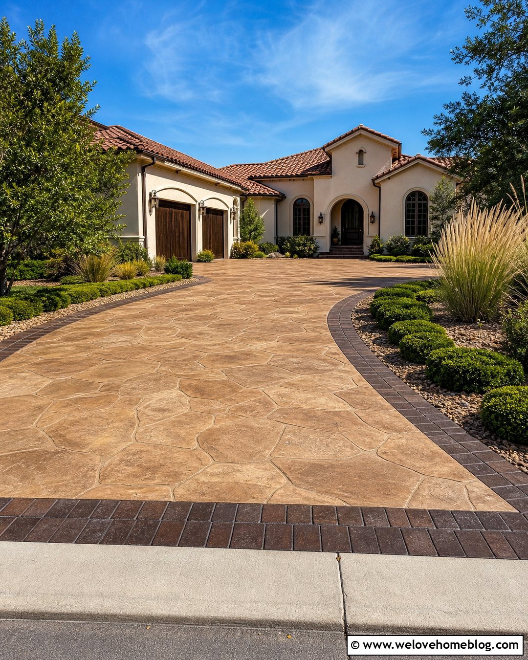 Sandstone Stamped Concrete Driveway With Dark Brick Border - 20 stamped concrete driveway with brick border ideas