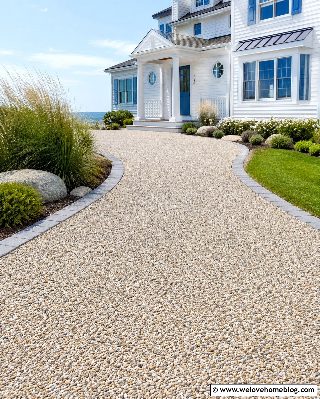 Sandy Resin Bound Gravel Driveway With Coastal Landscaping - 20 Resin Bound Gravel Driveway Ideas