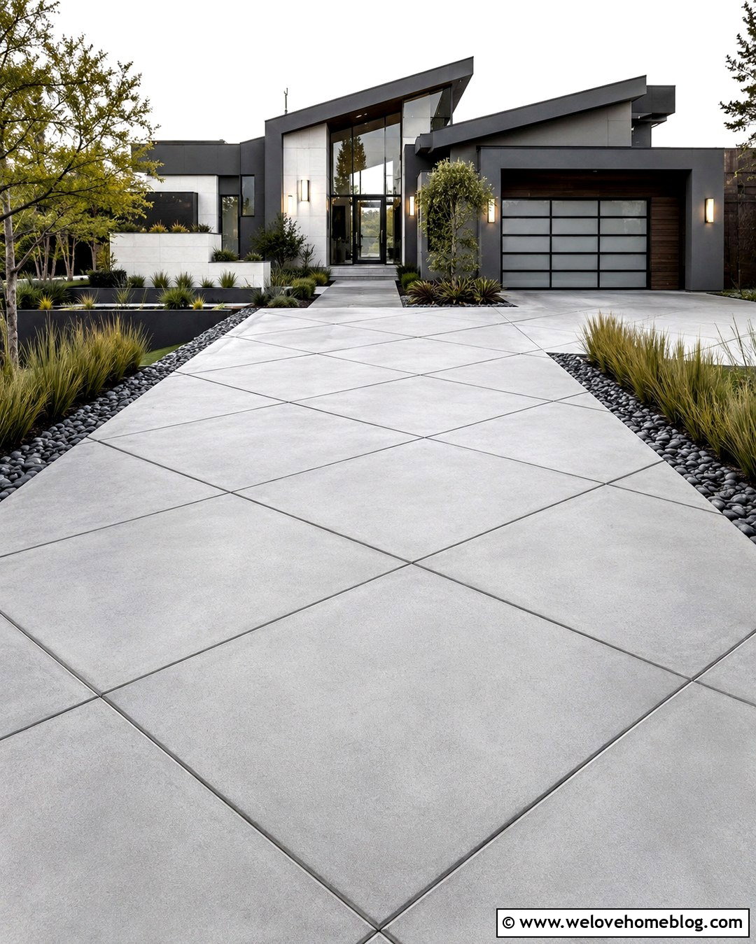 Saw Cut Concrete Driveway With Diagonal Lines - 20 Modern Concrete Driveway Designs Ideas