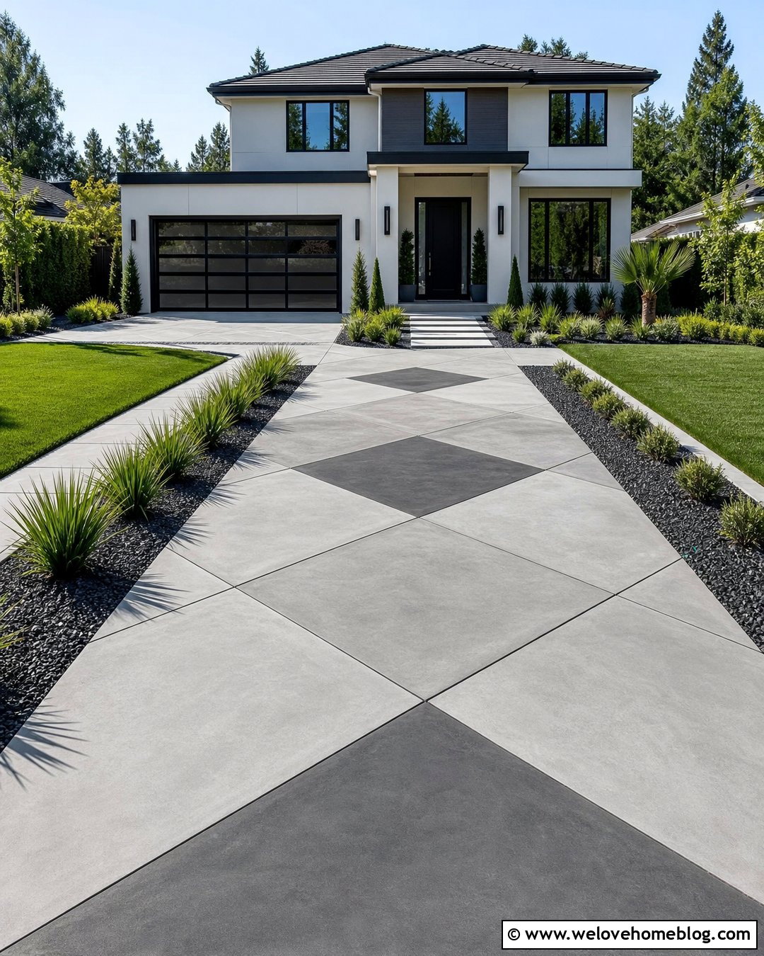 Scored Concrete Driveway With Geometric Pattern - 20 Driveway Cement Designs Ideas