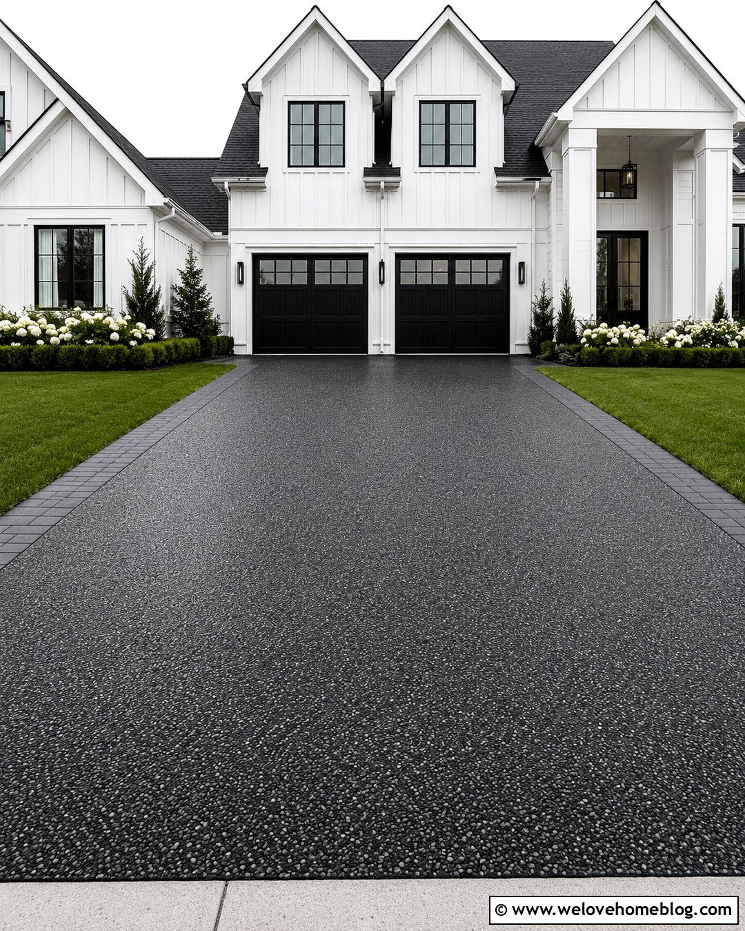 Sealed Black Exposed Aggregate Driveway With White House - 20 Black Exposed Aggregate Driveway Ideas