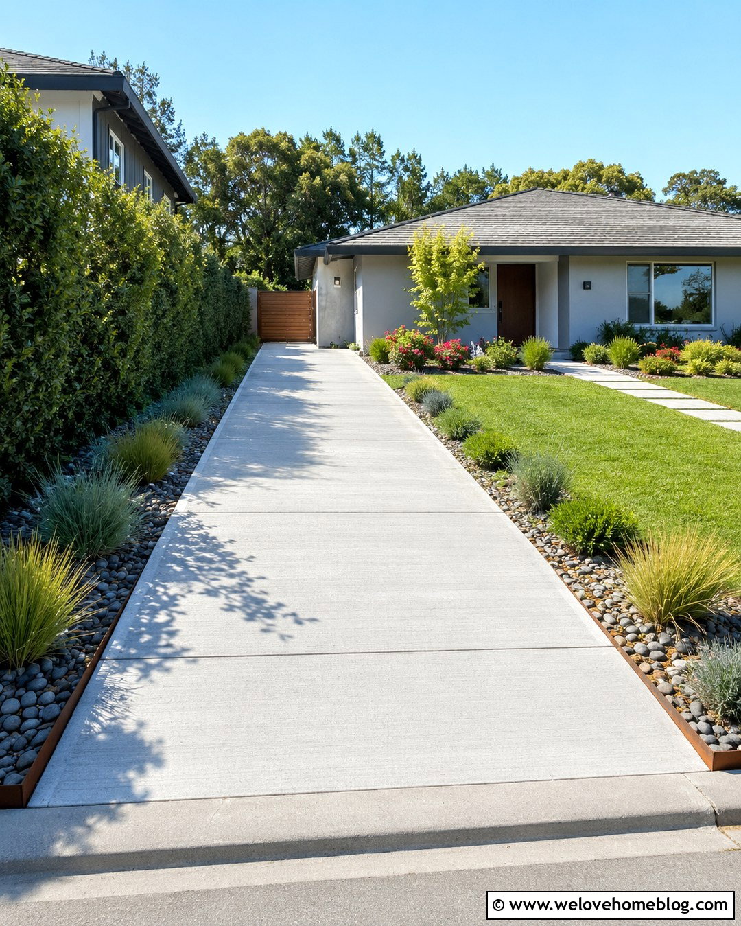 Sedge Lined Small Concrete Driveway - 20 Plant Lined Driveway Ideas