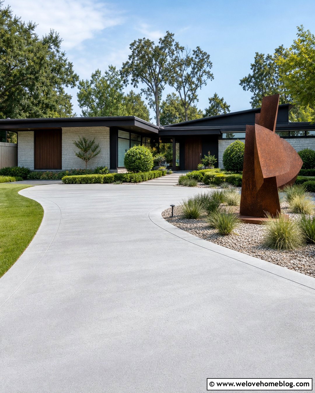 Semi Circle Driveway With Garden Sculpture