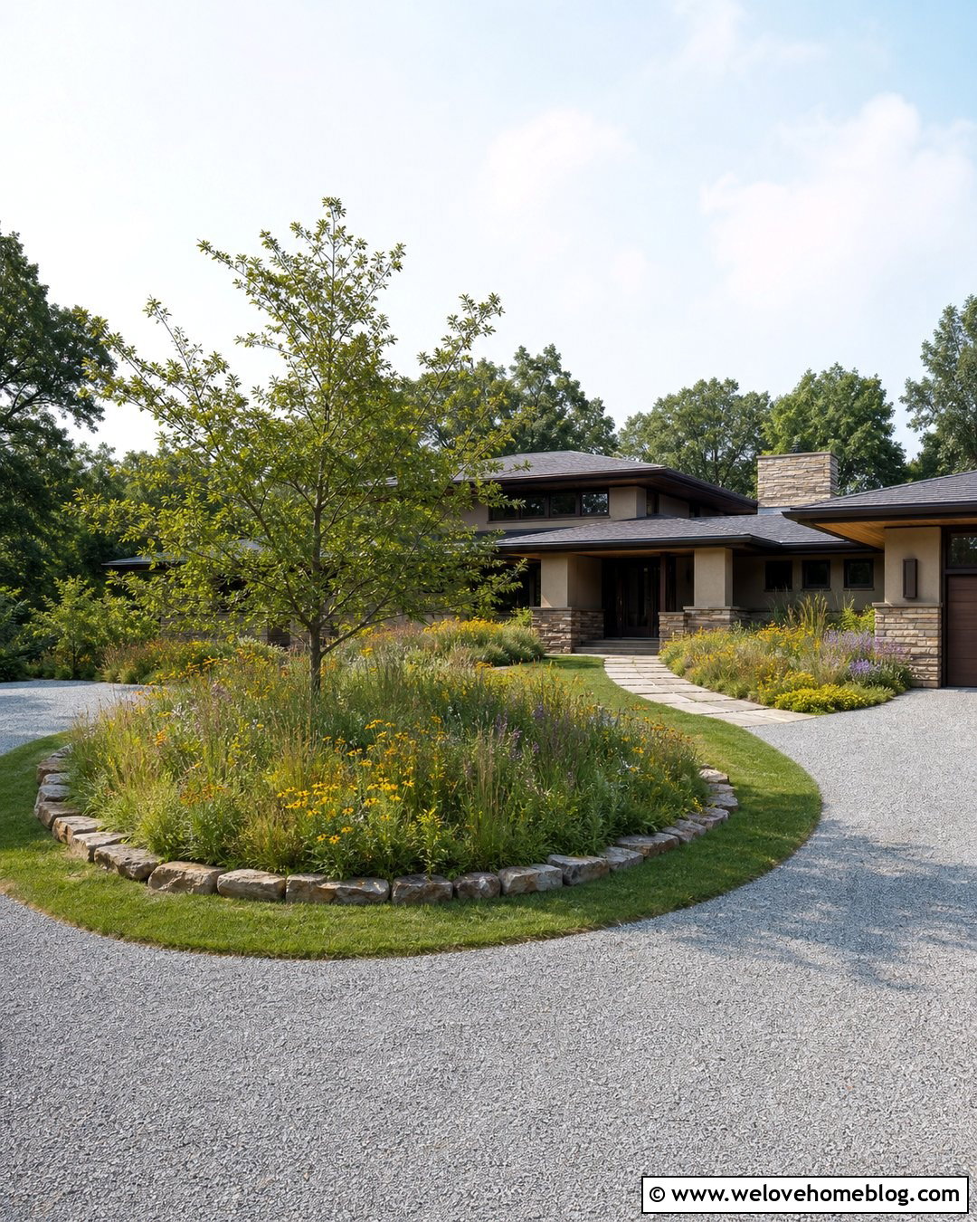 Semi Circle Driveway With Native Meadow - 35 Semi Circle Driveway Landscaping Ideas