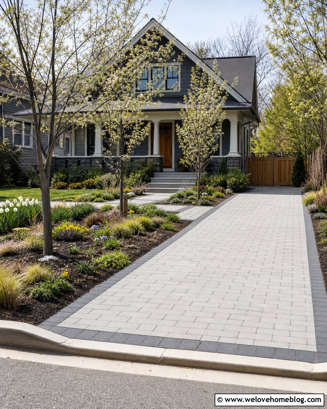 Serviceberry Tree Lined Paver Driveway - 40 Tree Lined Driveway Ideas