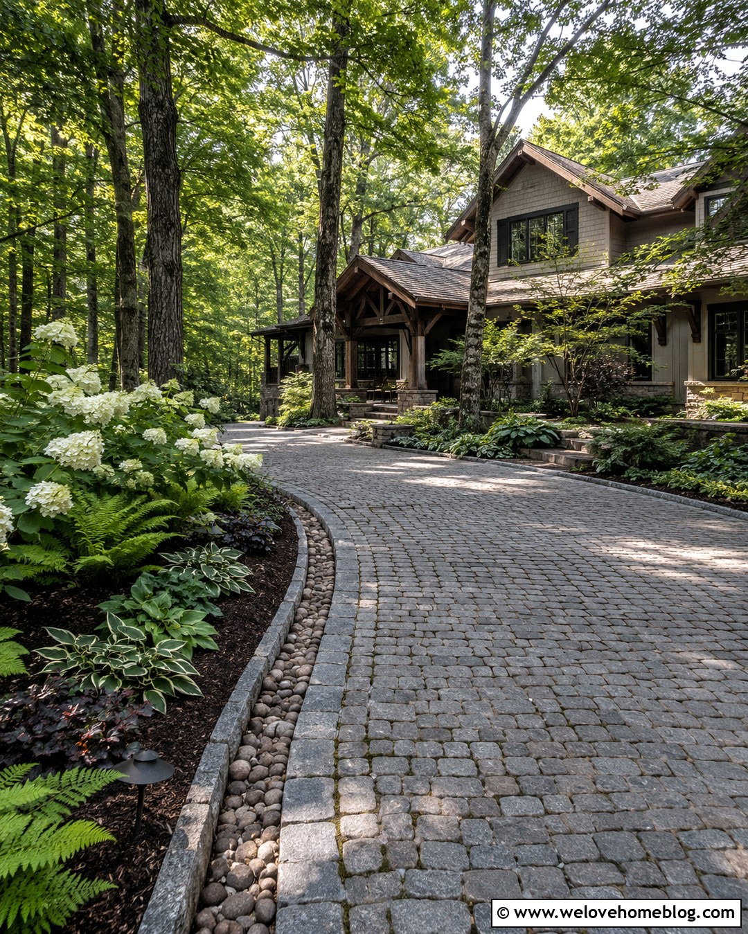 Shaded Cobblestone Driveway With Oakleaf Hydrangeas - 20 Driveway Lined With Hydrangeas Ideas