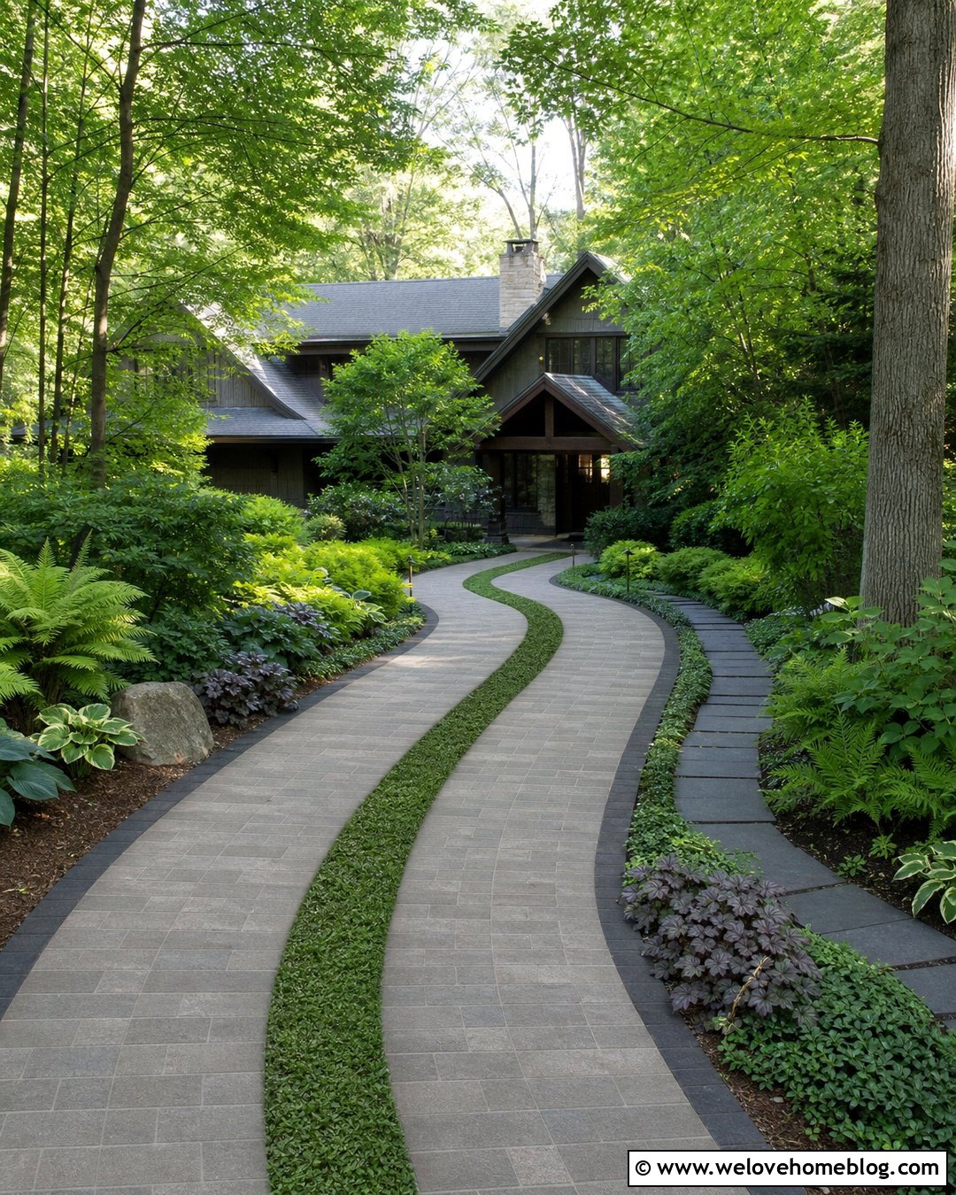Shaded Ribbon Driveway With Pavers And Sedge - 20 Ribbon Driveway Pavers Ideas