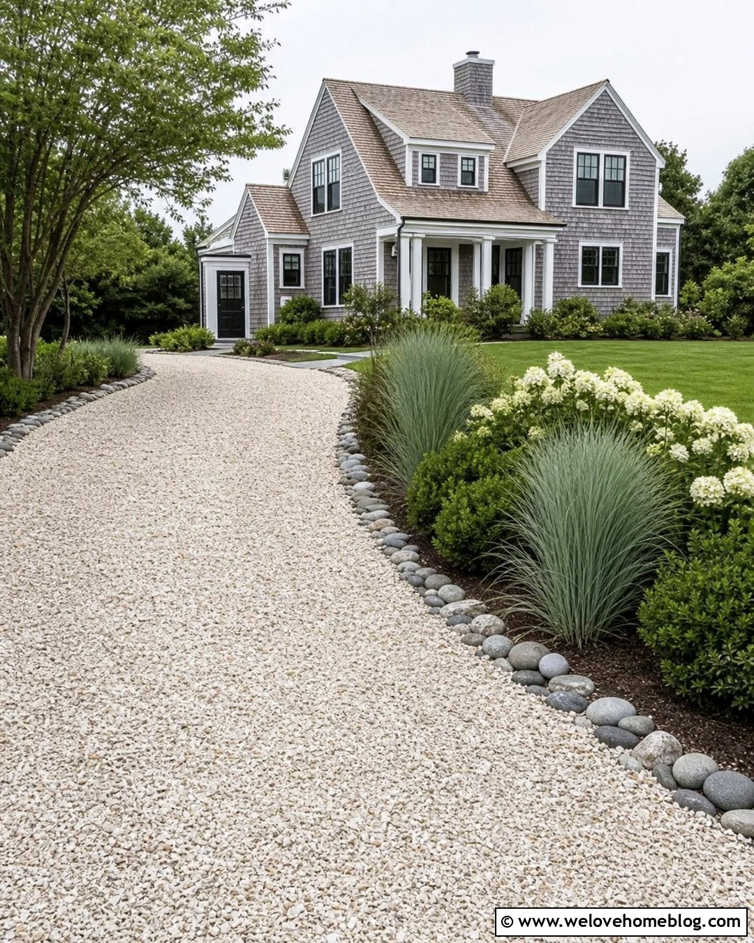 Shell Driveway With Gray River Rock Border - 20 River Rock Driveway Border Ideas
