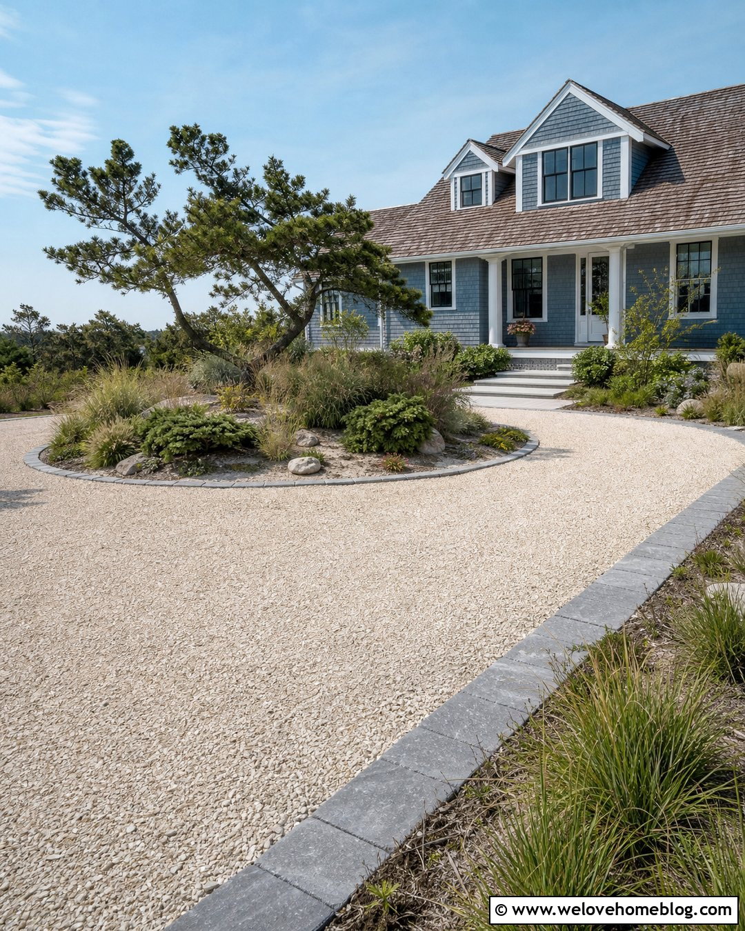 Shell Gravel Circle Driveway With Coastal House - 35 Circle Driveway Ideas
