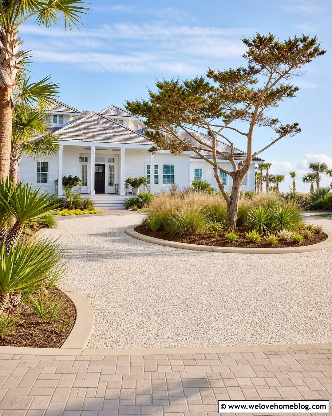 Shell Gravel Roundabout Driveway With Coastal Landscaping - 20 roundabout driveway design ideas