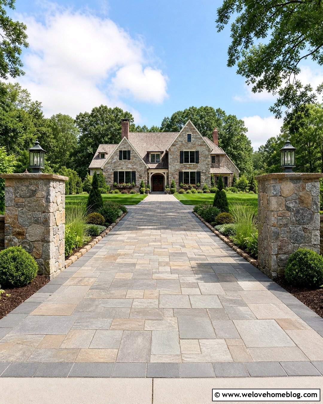 Shingle Driveway With Stone Pillars - 25 Shingle Driveway Ideas