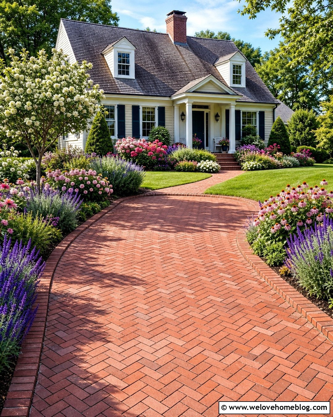 Short Brick Driveway With Cottage Planting - 25 Short Driveway Landscaping Ideas