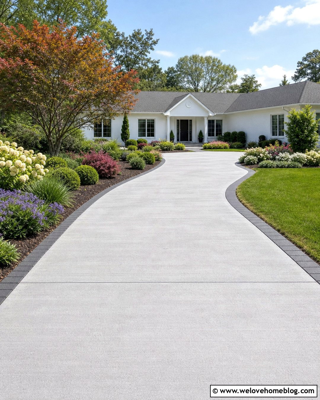 Short Concrete Driveway With Layered Flower Beds - 25 Short Driveway Landscaping Ideas