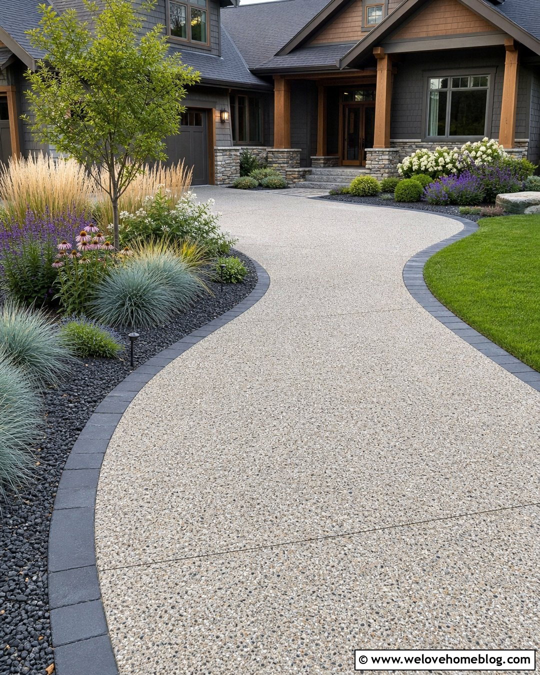 Short Curved Driveway With Ornamental Grasses - 25 Short Driveway Landscaping Ideas