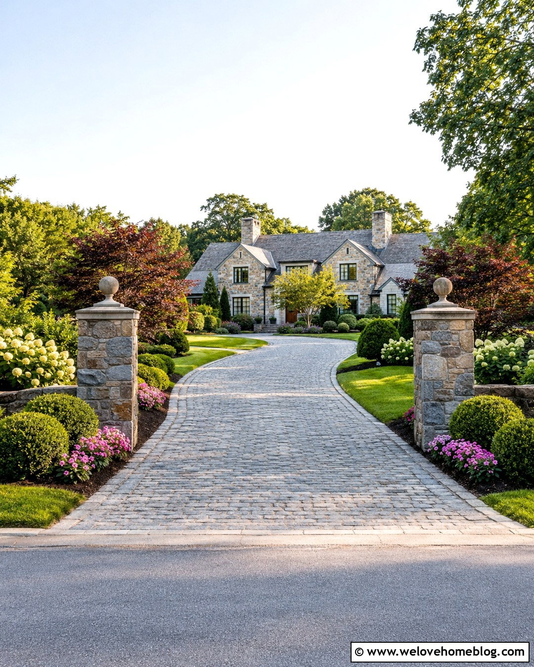 Shrub Lined Driveway Entrance With Pillars - 20 shrub lined driveway ideas