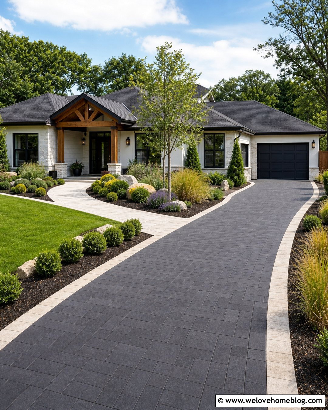 Side Entry Driveway With Layered Landscaping - 30 front yard driveway ideas