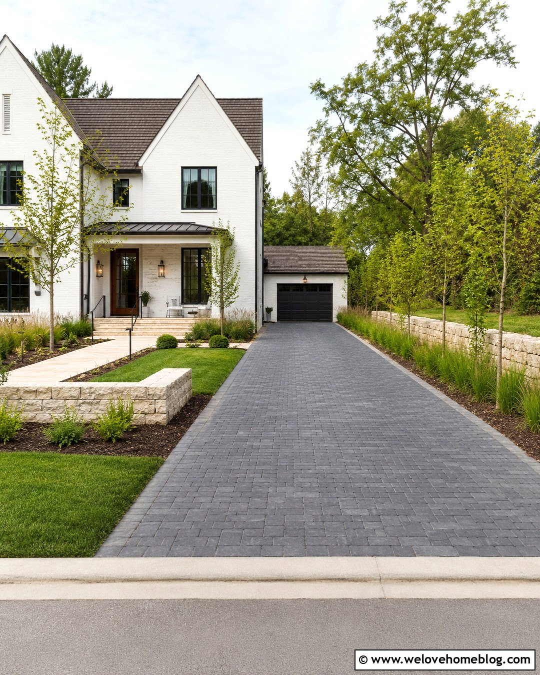 Side Garage Driveway With A Visible Front Door Path - 20 Front Door Driveway Ideas